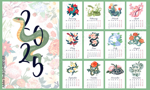 Wall calendar for 2025 Year of Snake by month. Design of the desktop calendar with symbol of Chinese new year and seasonal blooming flowers Cover and design of each month Typography for print, banner