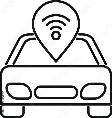 Simple line icon of a wifi symbol inside of a location pin over a car, representing car sharing