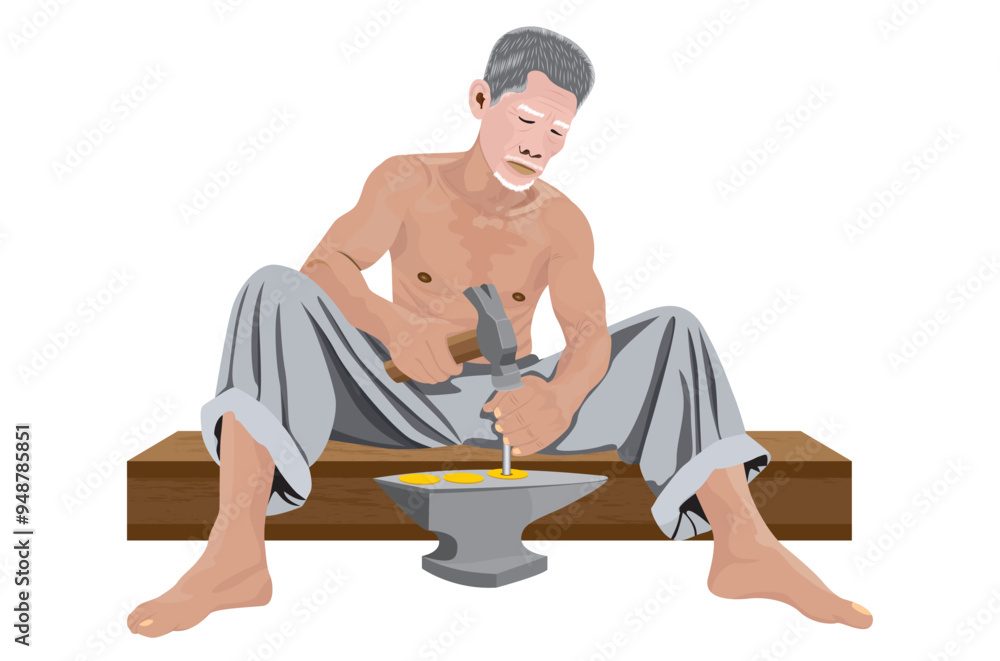 A country man was sitting and forging iron into coins.vector design