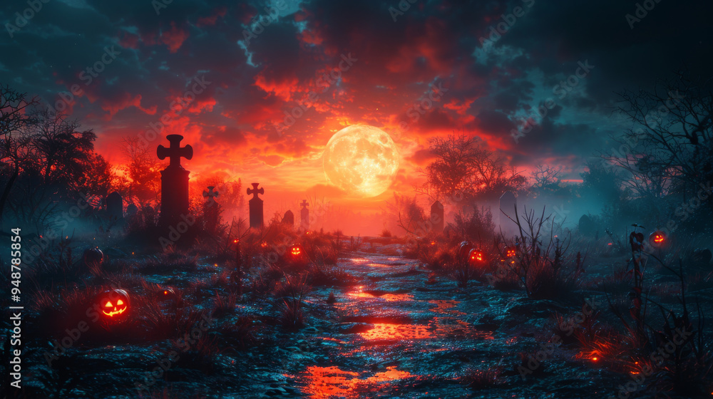 Halloween background - blood moon against the backdrop of a spooky forest, pumpkins and a cemetery. Halloween background - blood moon against the backdrop of a spooky forest, pumpkins and a cemetery.