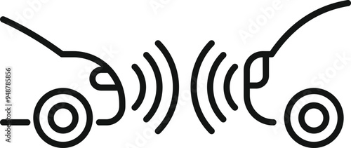 Simple line icon of two cars using sensors to avoid collision while driving
