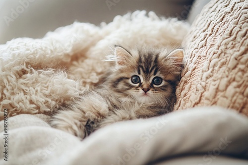 Adorable Fluffy Kitten Relaxing on Cozy Blanket