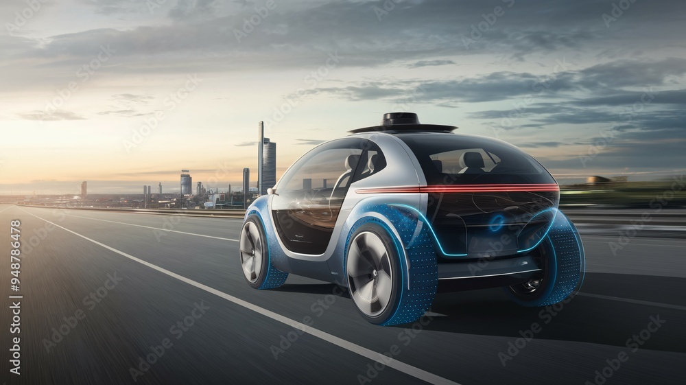 Futuristic Electric Car on Open Road: A sleek, blue and white electric car drives confidently on a highway, with a futuristic city skyline in the distance. This image captures the promise of a sustain Futuristic Electric Car on Open Road: A sleek, blue and white electric car drives confidently on a highway, with a futuristic city skyline in the distance. This image captures the promise of a sustain