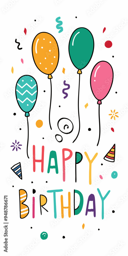  A cheerful and colorful illustration of balloons and confetti, perfect for celebrating a birthday! This fun and festive graphic is ideal for cards, invitations, social media posts.
