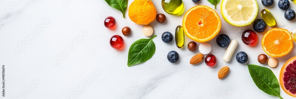 A flat-lay composition of assorted vitamins and supplements alongside fresh fruits, nuts, and leaves A flat-lay composition of assorted vitamins and supplements alongside fresh fruits, nuts, and leaves