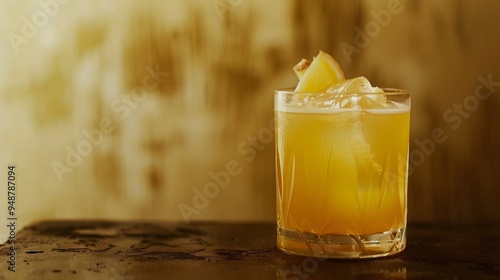 Close-up of a refreshing yellow cocktail with ice and a lemon wedge garnish on a dark surface.