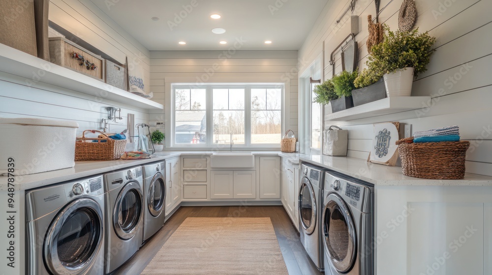 Modern laundry room with white cabinets, a window, a rug, and two stainless steel washing machines. Modern laundry room with white cabinets, a window, a rug, and two stainless steel washing machines.