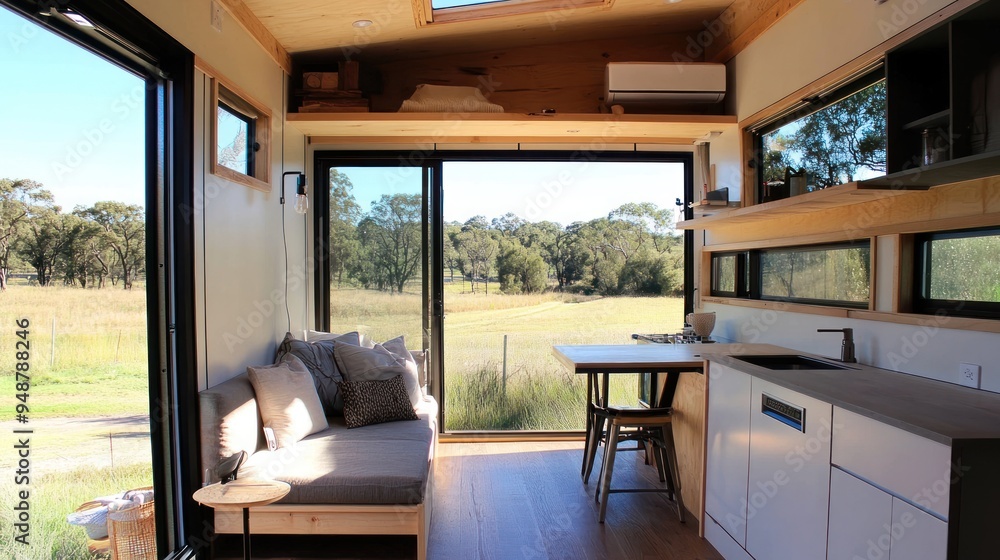 Fototapeta premium Modern tiny house interior with a couch, a kitchen, and a large window overlooking a grassy field.