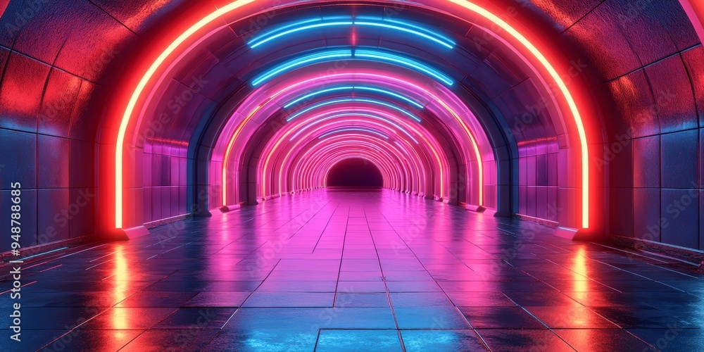Futuristic Neon Corridor with Glowing Arches and Reflective Tiles Futuristic Neon Corridor with Glowing Arches and Reflective Tiles