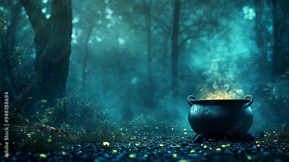 In a serene fog laden forest a bubbling cauldron emits a warm glow casting enchanting light on the surrounding mist and illuminating curious fireflies dancing nearby In a serene fog laden forest a bubbling cauldron emits a warm glow casting enchanting light on the surrounding mist and illuminating curious fireflies dancing nearby