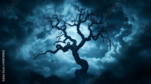 Beneath a canopy of swirling storm clouds a gnarled tree reaches skyward silhouetted by a ghostly light that transforms the night into a realm of wonder and intrigue photo