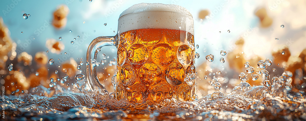 Beer Stein with Splashing Foam and Droplets Against a Bright Background Beer Stein with Splashing Foam and Droplets Against a Bright Background