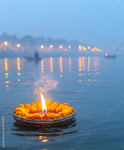 A diya surrounded by marigold flowers placed at the riverside, during a peaceful puja. photo