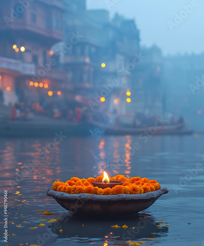 A diya surrounded by marigold flowers placed at the riverside, during a peaceful puja. photo