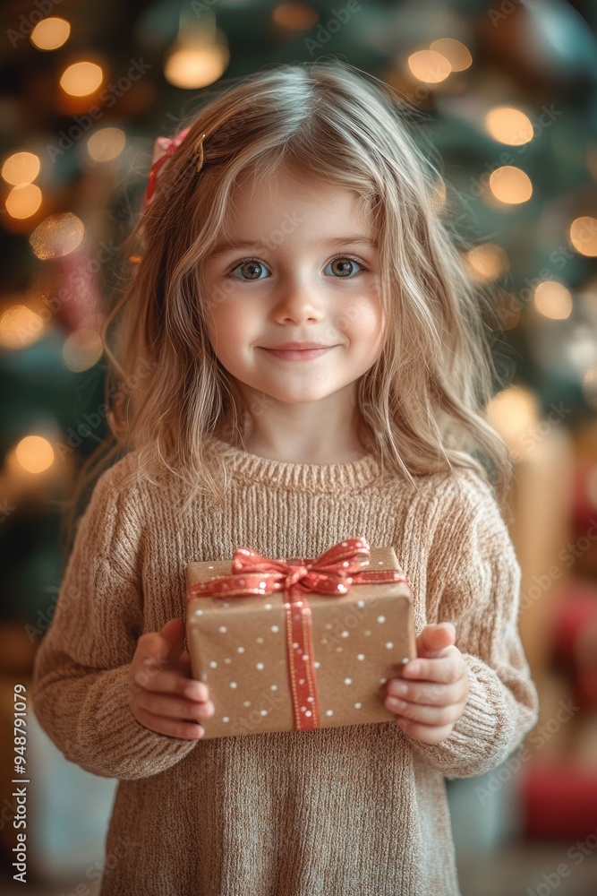 A little girl holding a Christmas gift. A little girl holding a Christmas gift.