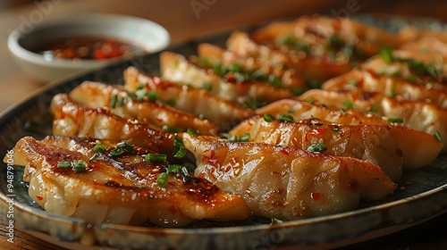 A plate of dumplings with sauce and parsley