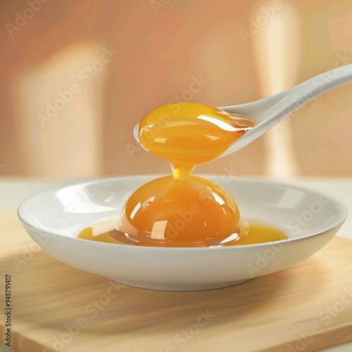 Closeup of a spoon pouring honey into a small dish.