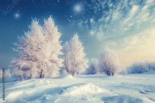 Snow-Covered Trees and a Starry Sky in a Winter Landscape