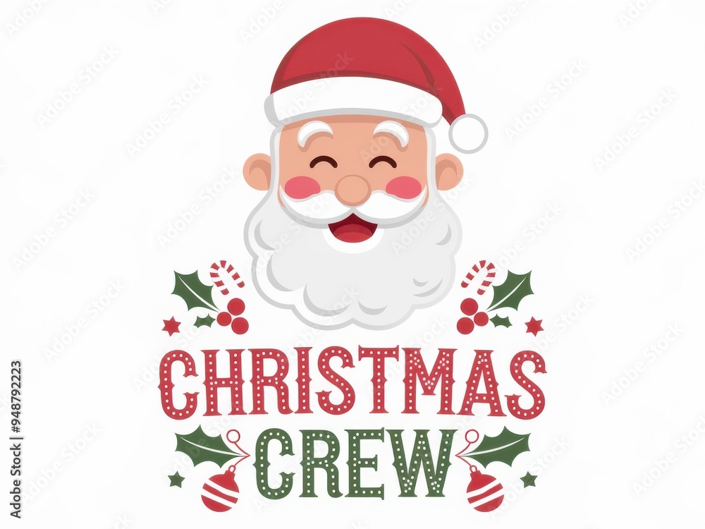 Smiling Santa Claus with Christmas Crew Text, Holly Berries, and Ornaments. Smiling Santa Claus with Christmas Crew Text, Holly Berries, and Ornaments.