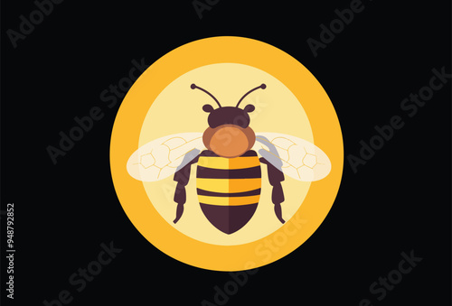 Honeybee Illustration on Black Background, Flat Vector, Isolated, Insects and Nature
