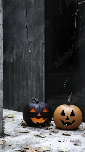 Two cheerful jack o lanterns one black and one orange sit among scattered leaves their smiling faces glowing softly in a dark mysterious atmosphere evoking Halloween spirit photo