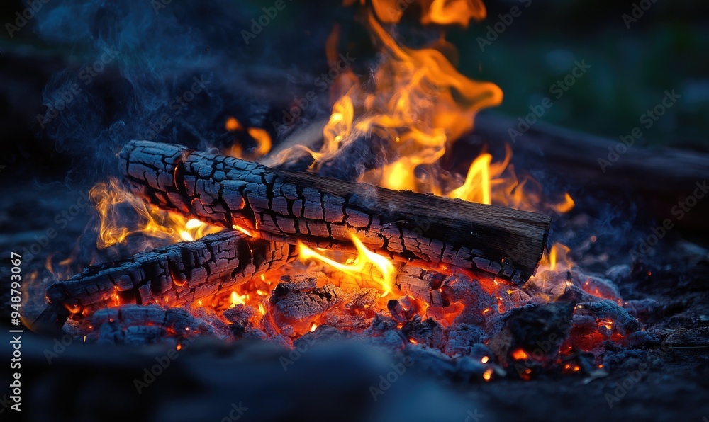 A burning log in a campfire setting, flickering flames A burning log in a campfire setting, flickering flames