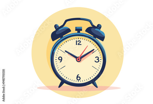 Alarm Clock on Yellow Background, Flat Vector, Isolated, Time and Schedule Themes