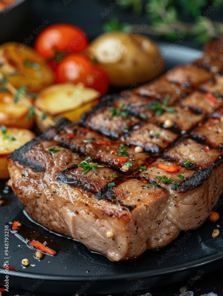 Grilled Steak With Potatoes and Tomatoes on a Platter Grilled Steak With Potatoes and Tomatoes on a Platter