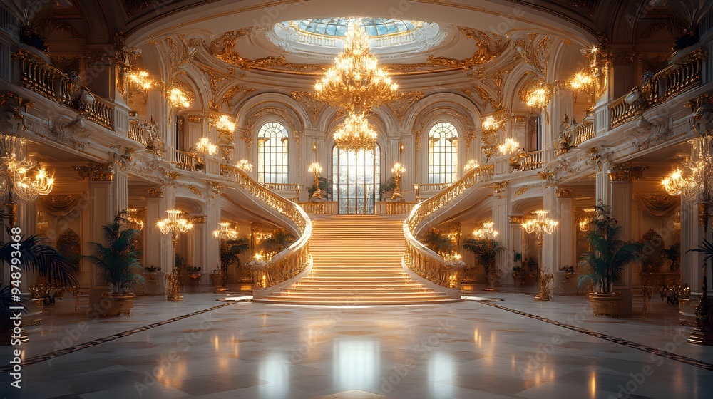 Obraz premium Elegant ballroom adorned with sparkling chandeliers, featuring an impressive grand staircase, exuding opulence and sophistication for formal events and celebrations.