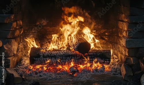 A burning log in a stone fireplace, bright flames flickering