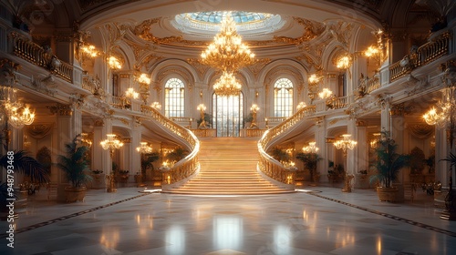 Wallpaper Mural Elegant ballroom adorned with sparkling chandeliers, featuring an impressive grand staircase, exuding opulence and sophistication for formal events and celebrations. Torontodigital.ca