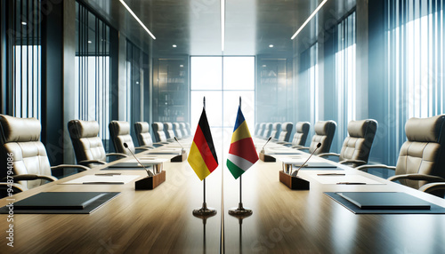 A modern conference room with Germany and Seychelles flags on a long table, symbolizing a bilateral meeting or diplomatic discussions between the two nations. photo