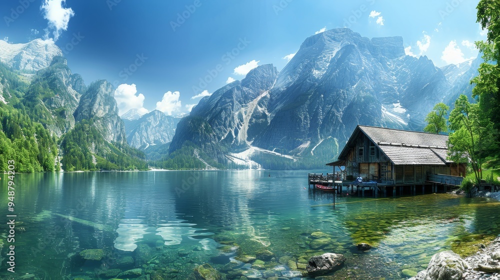 Fototapeta premium Serene summer landscape featuring a tranquil lake surrounded by majestic mountains