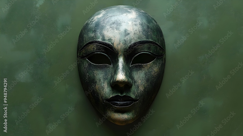 Haunting Ancient Mask on Textured Olive Green Background - Surreal Pop Art Concept Haunting Ancient Mask on Textured Olive Green Background - Surreal Pop Art Concept