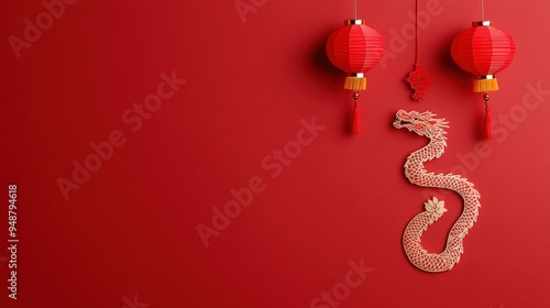 A vibrant composition featuring red lanterns and a decorative dragon against a vivid red backdrop, showcasing cultural elements.