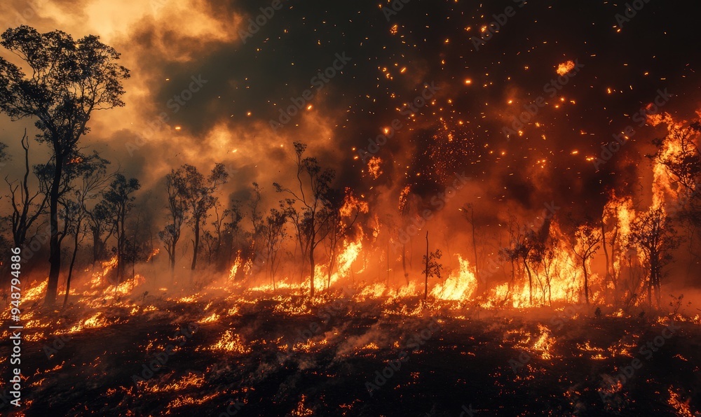 A forest fire sweeping through a dense forest, the underbrush ablaze A forest fire sweeping through a dense forest, the underbrush ablaze
