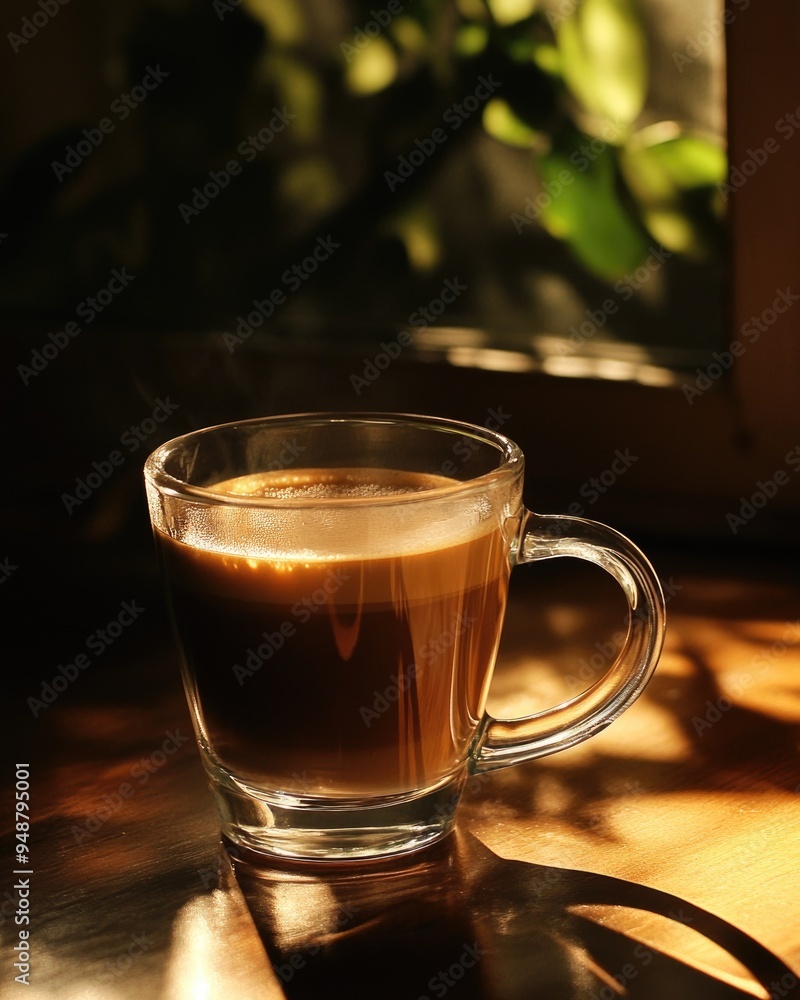 A glass cup filled with coffee, warm brown tones reflected in the glass A glass cup filled with coffee, warm brown tones reflected in the glass