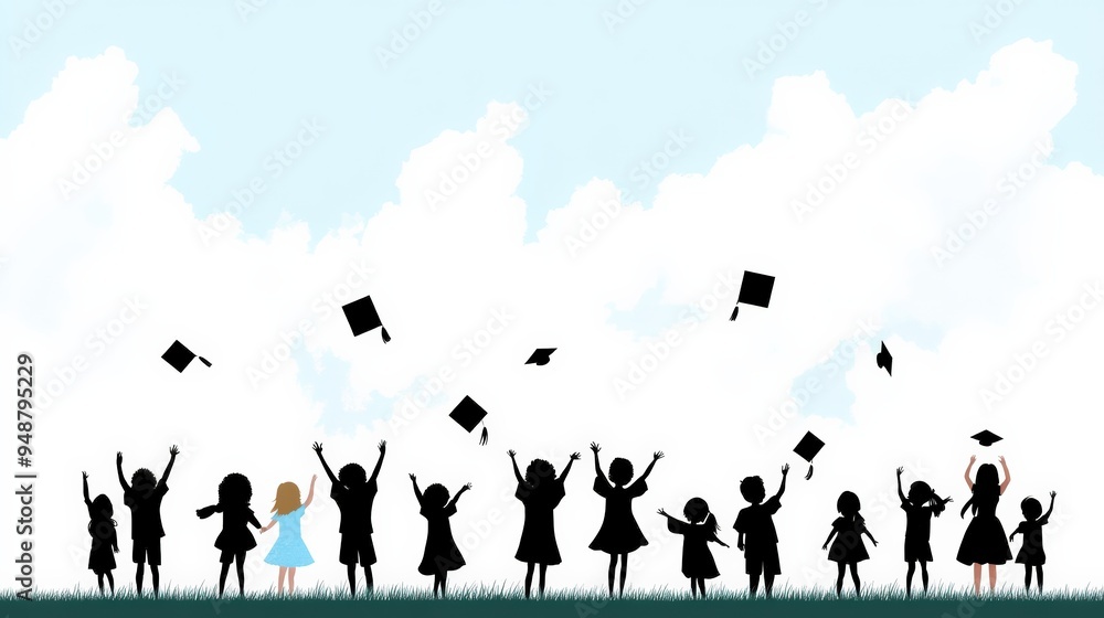 Obraz premium Celebratory graduation scene with silhouettes of girls throwing caps in the air against a blue sky.