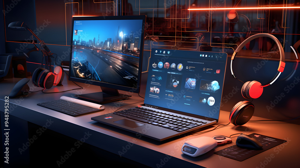 Modern Technological Gadgets including Laptop, Smartphone, Tablet, and Wireless Headphones on a Sleek White Desk Modern Technological Gadgets including Laptop, Smartphone, Tablet, and Wireless Headphones on a Sleek White Desk