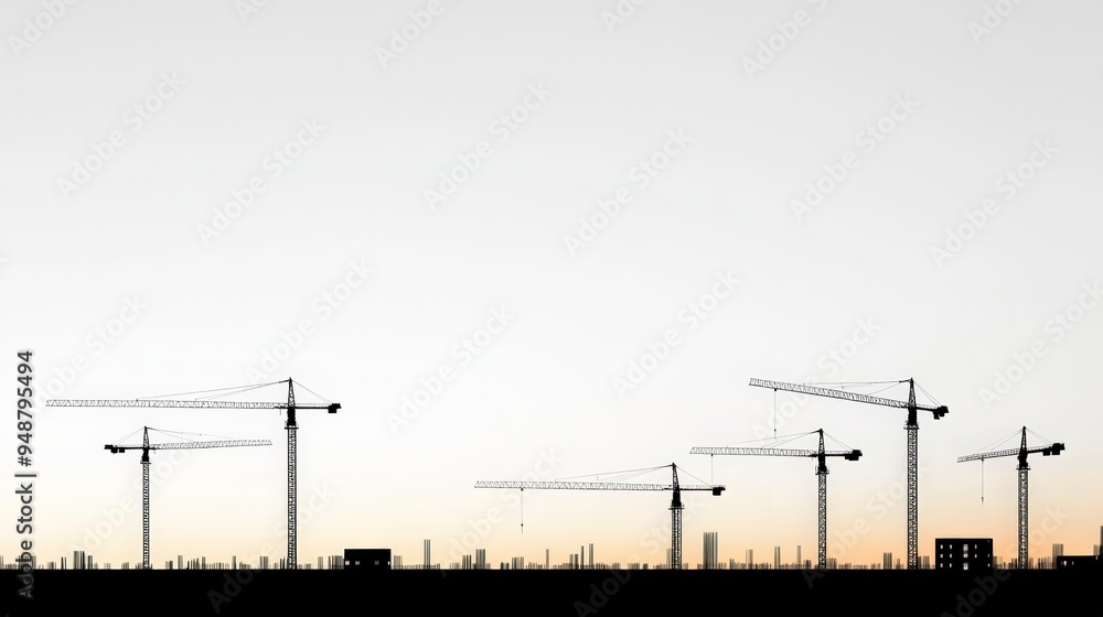 Silhouette of construction cranes against a colorful sunset sky, symbolizing progress and development in urban landscapes. Silhouette of construction cranes against a colorful sunset sky, symbolizing progress and development in urban landscapes.