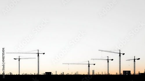 Silhouette of construction cranes against a colorful sunset sky, symbolizing progress and development in urban landscapes.