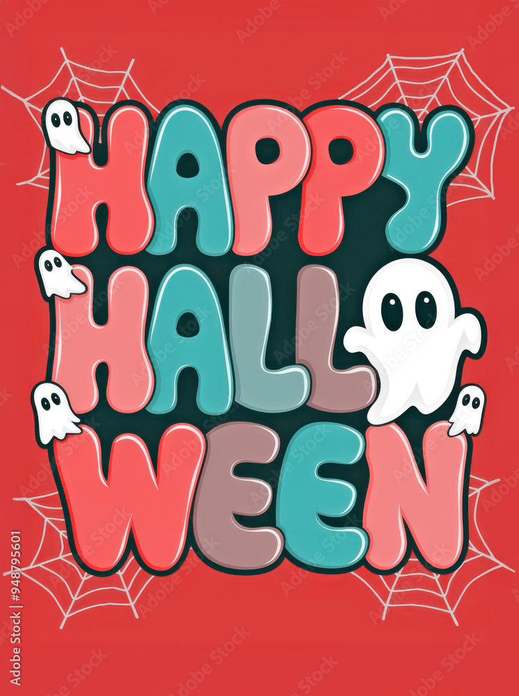 Happy Halloween Colorful Letters with Cute Ghosts and Spider Webs on Red Background.