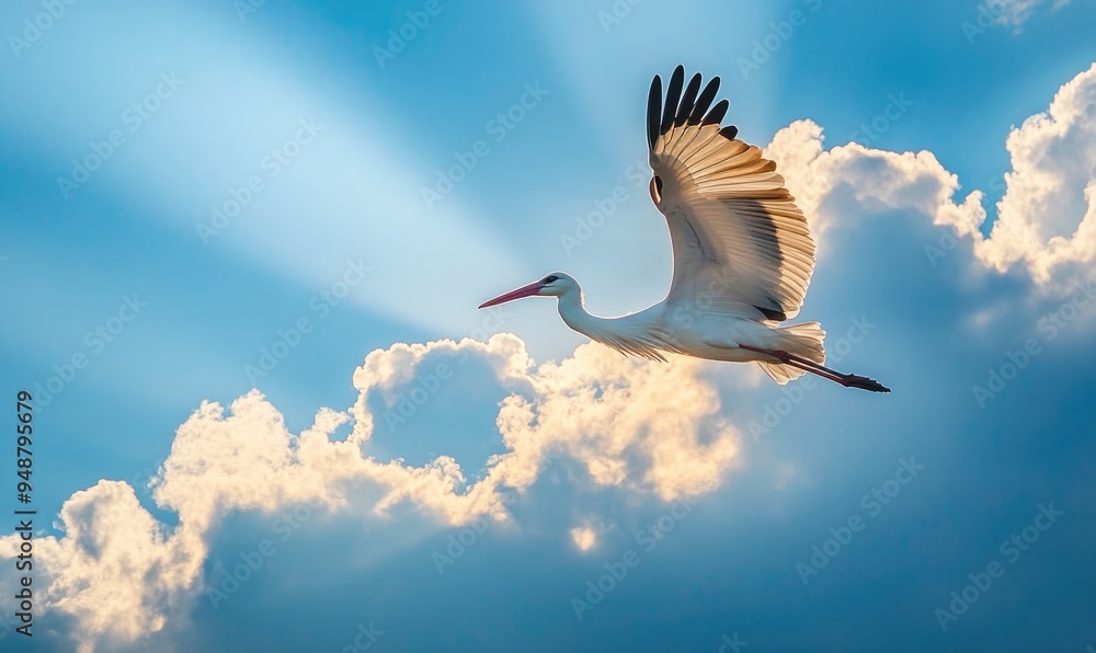 Fototapeta premium A lone stork gliding peacefully, sunlight streaming through the clouds