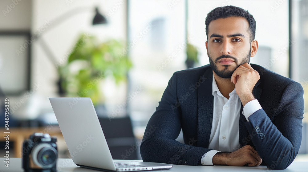 A confident businessman thoughtfully looking at the camera in a modern office environment with a laptop and camera on the desk, symbolizing success and contemplation. A confident businessman thoughtfully looking at the camera in a modern office environment with a laptop and camera on the desk, symbolizing success and contemplation.