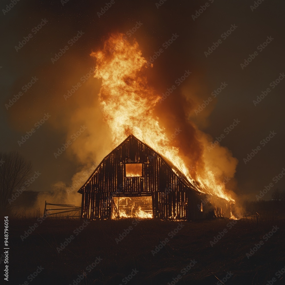 A rural barn consumed by fire, flames licking the sky A rural barn consumed by fire, flames licking the sky