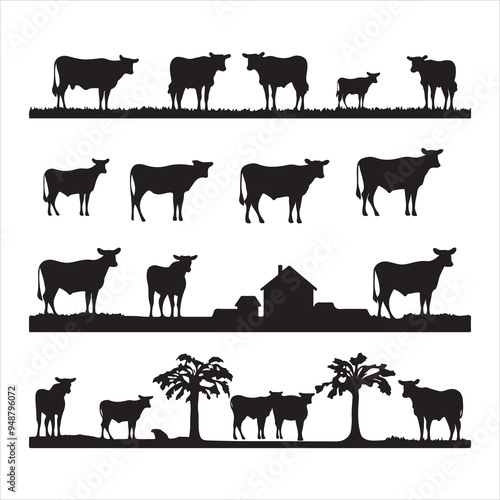 cow farm silhouette set silhouette white background
