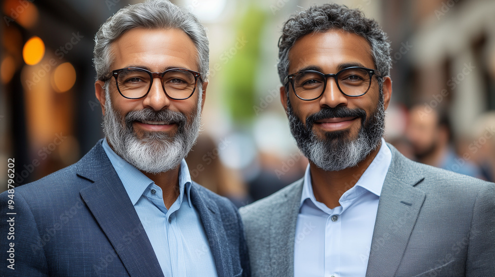 Two confident mature men with beards and glasses smiling outdoors. They are dressed in business attire and exude professionalism and friendship, showcasing a strong bond and positive energy. Two confident mature men with beards and glasses smiling outdoors. They are dressed in business attire and exude professionalism and friendship, showcasing a strong bond and positive energy.