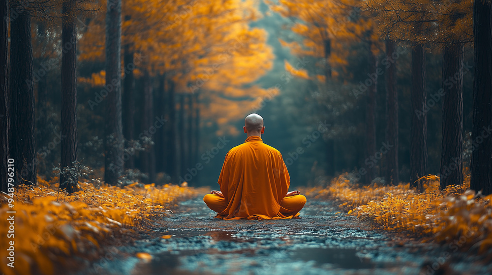 A peaceful monk in orange robes meditates in the middle of an autumn forest path, surrounded by vibrant orange leaves, symbolizing tranquility and mindfulness. A peaceful monk in orange robes meditates in the middle of an autumn forest path, surrounded by vibrant orange leaves, symbolizing tranquility and mindfulness.