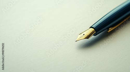 Close-up of a sophisticated fountain pen resting on smooth blank paper, emphasizing elegance, craftsmanship, and the art of writing.