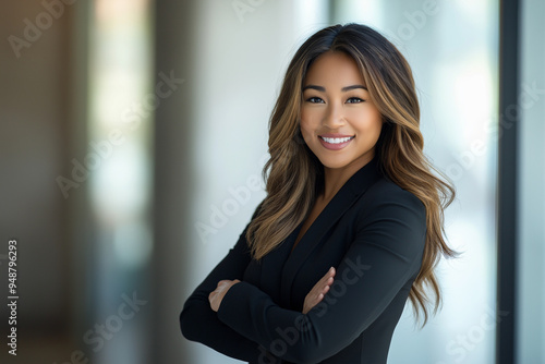 A confident businesswoman with a radiant smile poses with arms crossed in a modern office environment, exuding professionalism and success. Free Download A confident businesswoman with a radiant smile poses with arms crossed in a modern office environment, exuding professionalism and success. - GFXLoad